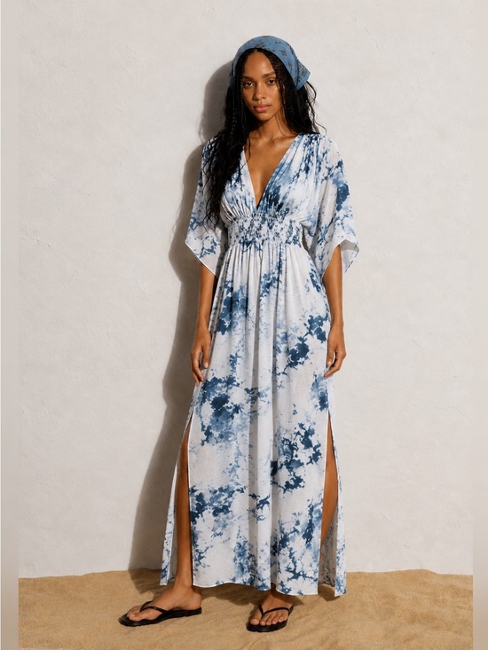 Japna Dresses & Skirts - Japna Blue & White Watercolor Smocked Maxi Dress | Boho Empire Waist